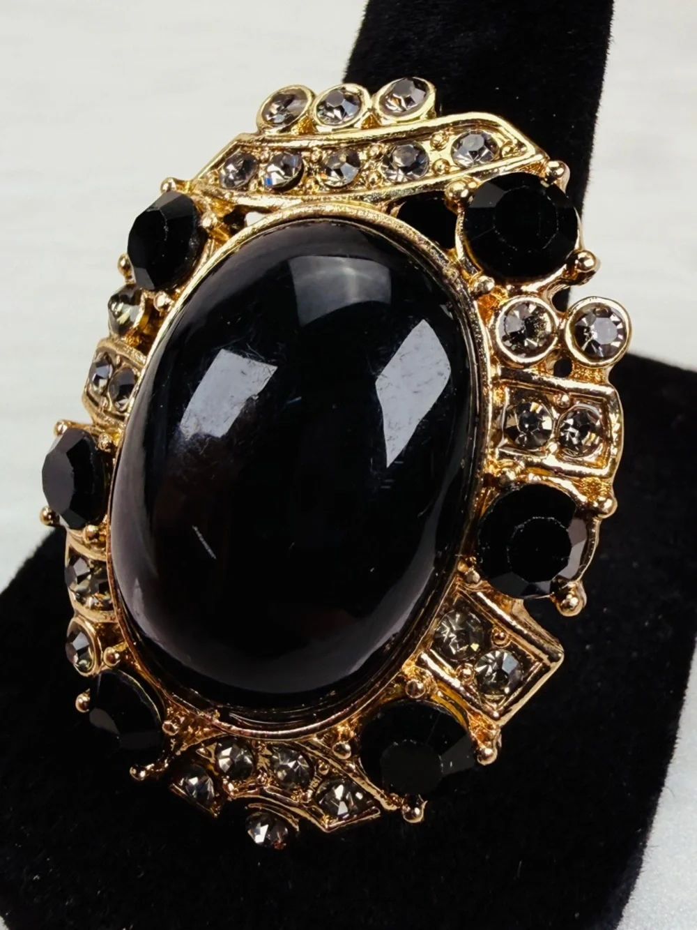 Goldtone, black bling, size 9 statement ring
